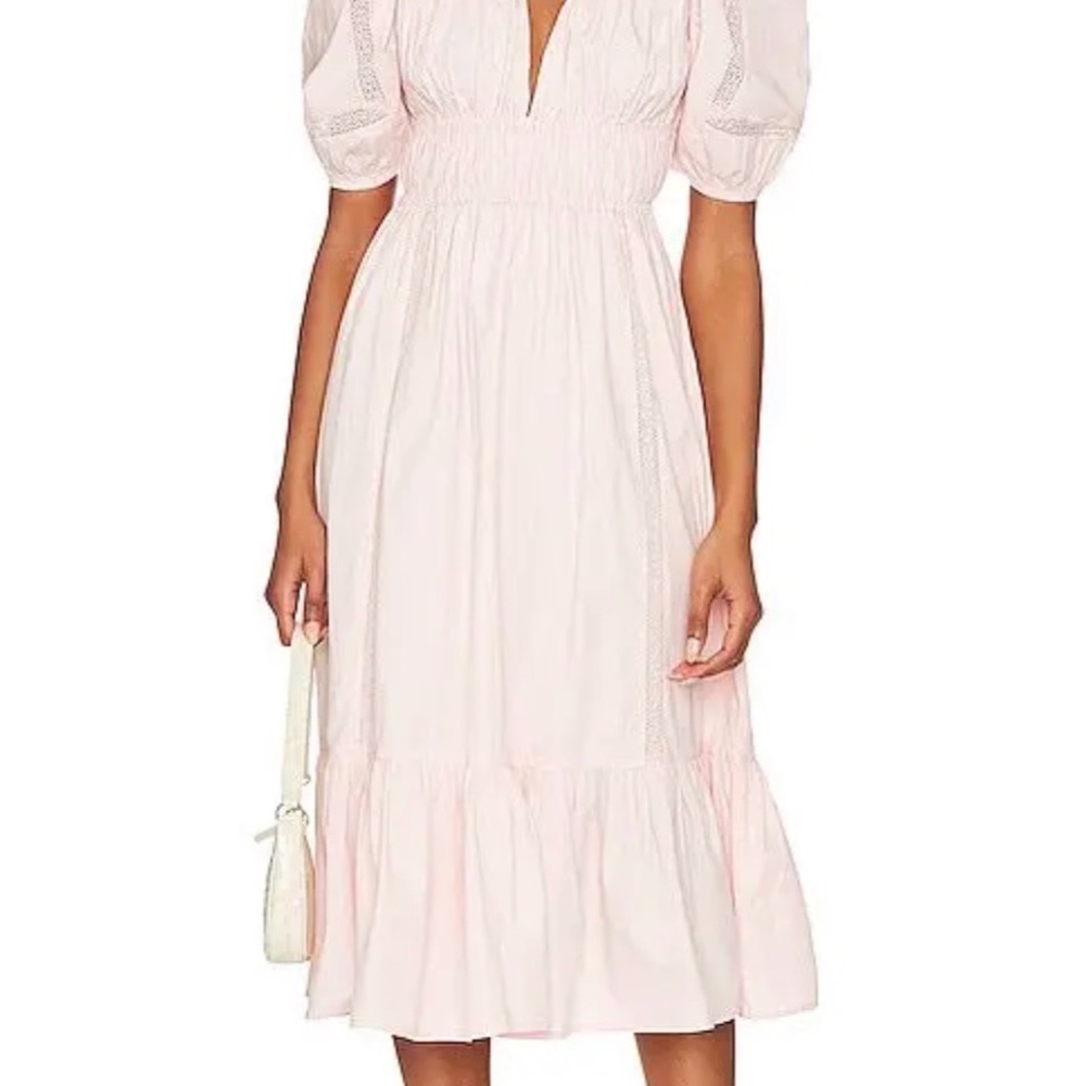 Tularosa Light Pink Midi Dress with Puff Sleeves